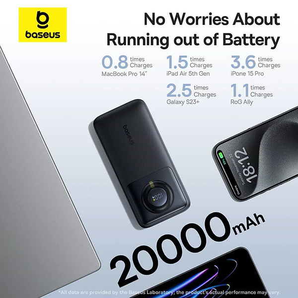 Фото - Батарея мобільна Baseus Free 2 Pull with Retractable Cable 20000mAh 65W PD QC Cosmic Black (P10073700123-00)