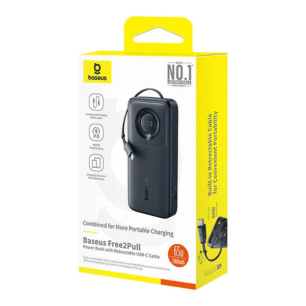 Фото - Батарея мобільна Baseus Free 2 Pull with Retractable Cable 20000mAh 65W PD QC Cosmic Black (P10073700123-00)