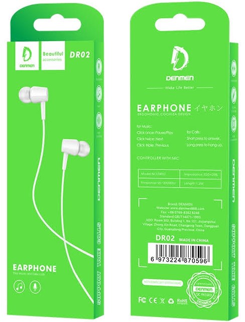 Фото - Наушники вкладыши проводные Denmen DR02 3.5mm 1.2 м White (DE-DR02-WH)