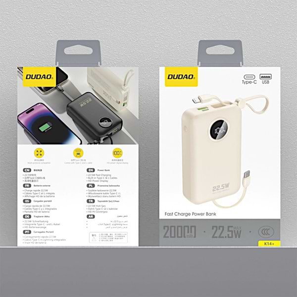 Фото - Батарея мобильная Dudao 20000mAh K14+ 22.5W White (6977196680023)