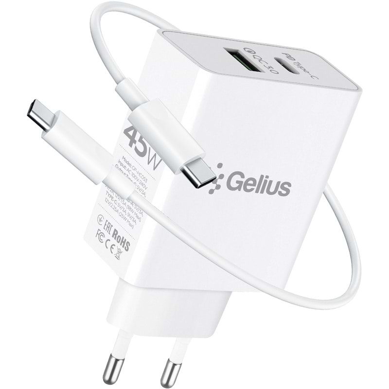 Сетевое зарядное устройство Gelius X-Duo PRO 45W GP-HC053 White+Cable Type-C/Type-C (92355) - Фото 1