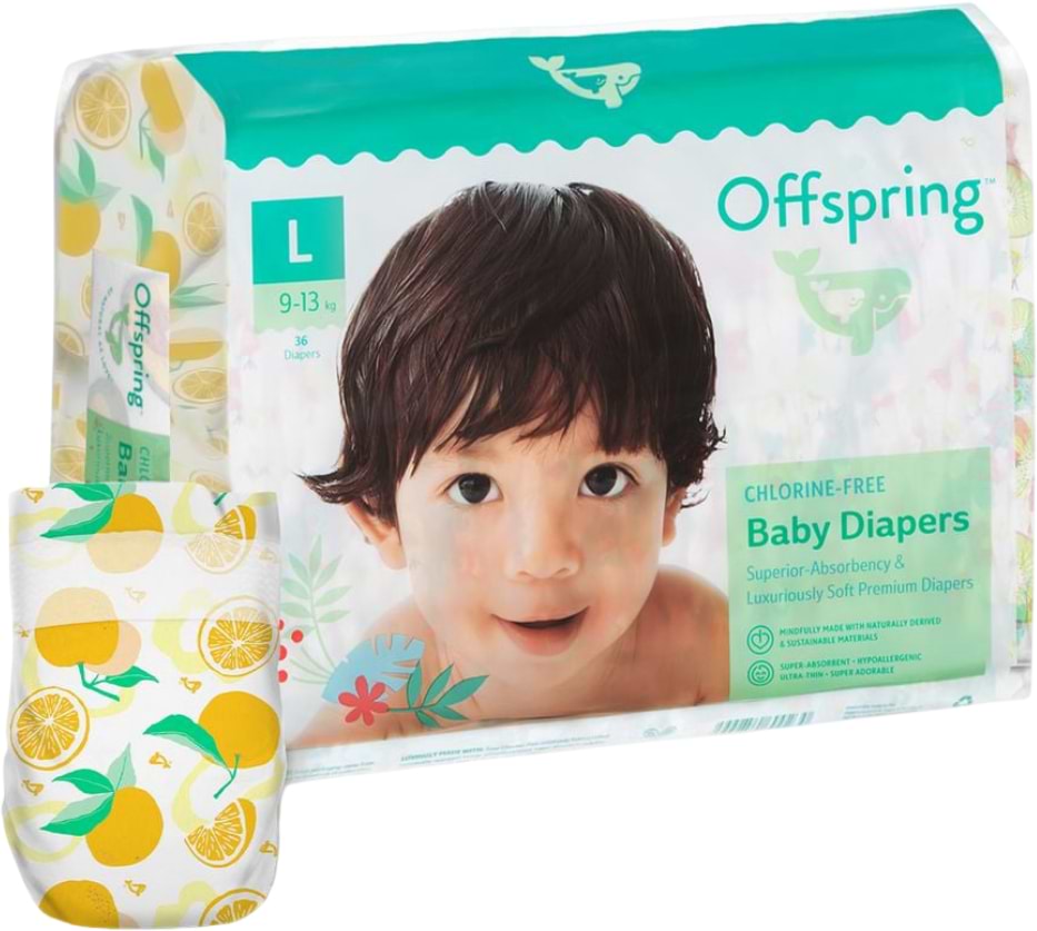 Одноразові підгузки Offspring розмір L, 9-13 кг 36 шт. Апельсин (DP-OI-FAT-L36P-TGYORN)