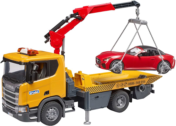 Фото - Наземна спецтехніка BRUDER Евакуатор Scania Super 560R з краном-маніпулятором та автомобіль Roadster Bruder (03552)