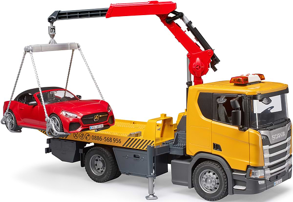 Фото - Наземна спецтехніка BRUDER Евакуатор Scania Super 560R з краном-маніпулятором та автомобіль Roadster Bruder (03552)