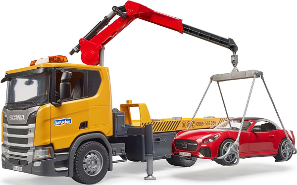 Фото - Наземна спецтехніка BRUDER Евакуатор Scania Super 560R з краном-маніпулятором та автомобіль Roadster Bruder (03552)