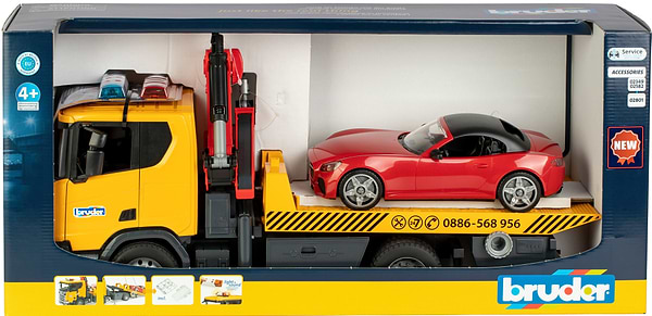 Фото - Наземна спецтехніка BRUDER Евакуатор Scania Super 560R з краном-маніпулятором та автомобіль Roadster Bruder (03552)
