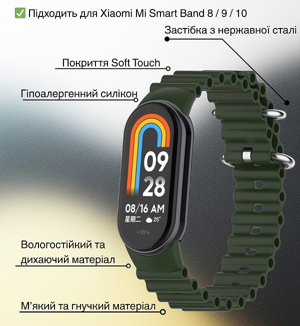 Фото - Ремешок для фитнес-браслета BeCover Wave Style for Xiaomi Mi Smart Band 8 / 9 / 10 Dark Green (714351)