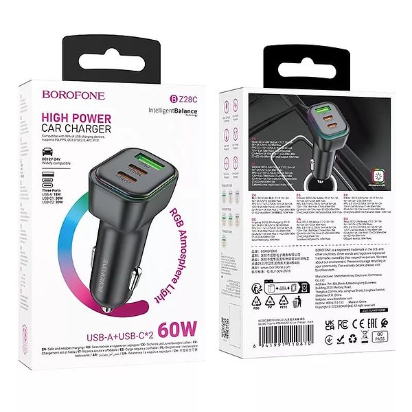 Фото - Автомобільний зарядний пристрій BOROFONE BZ28C Trophie PD60W(2C1A) car charger Black (6941991110870)
