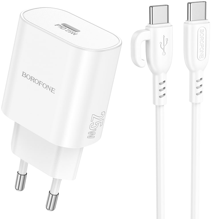 Мережевий зарядний пристрій BOROFONE BA82A Platinum single port PD25W charger set C to C EU White (6941991112270)