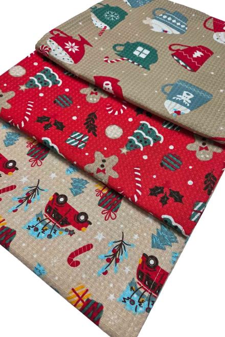 Фото - Полотенце кухонное Прованс новогоднее вафельное Авто на бежевом 45х60 см (043010)