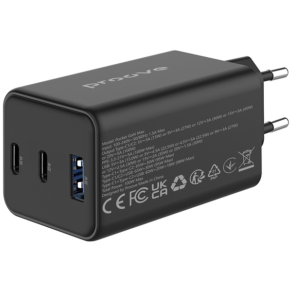Фото - Мережевий зарядний пристрій Proove Pocket GaN 65W (2Type-C + USB) Black (WCPG65121201)