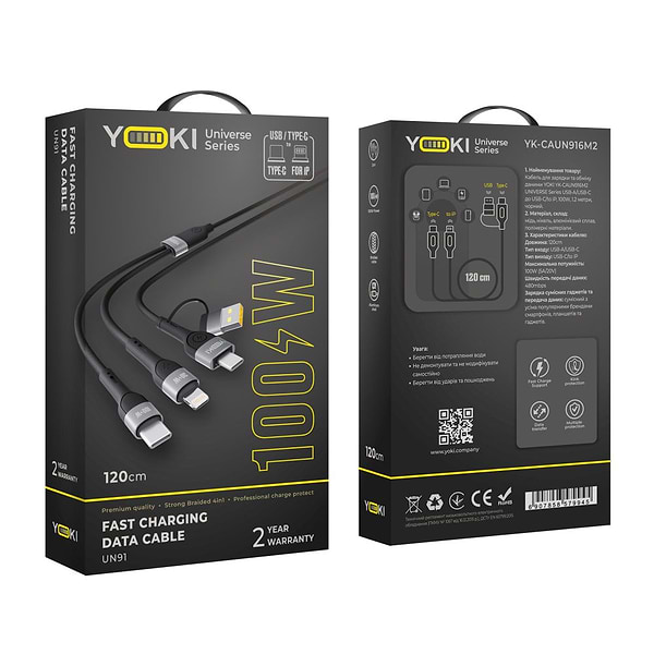 Фото - Кабель синхронізації даних YOKI UNIVERSE USB-A/Type-C to Type-C/Lightning 100W 1.2m Black (YK-UN91)