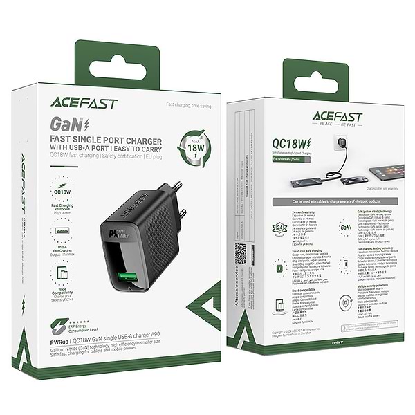 Фото - Сетевое зарядное устройство AceFast A90 QC18W GaN single USB-A charger (EU) Black (6974316283249)