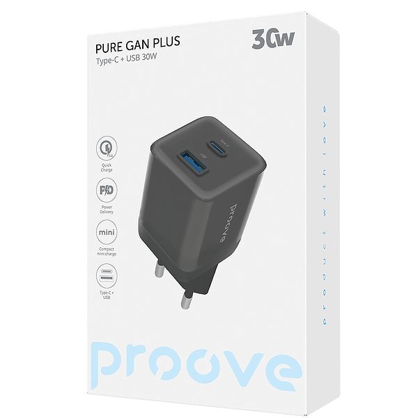 Фото - Мережевий зарядний пристрій Proove Pure GaN Plus 30W Type-C + USB black (WCPU30111201)