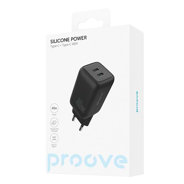 Фото - Мережевий зарядний пристрій Proove Silicone Power 40W (Type-C + Type-C) Black