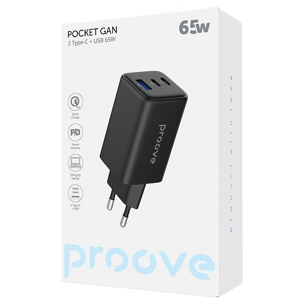 Фото - Мережевий зарядний пристрій Proove Pocket GaN 65W (2Type-C + USB) Black (WCPG65121201)