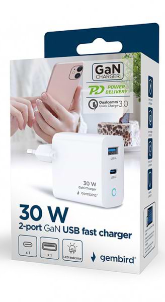 Фото - Мережевий зарядний пристрій Gembird 1 USB-A + 1 Type-C (TA-UC-PDQC30L-W-01)
