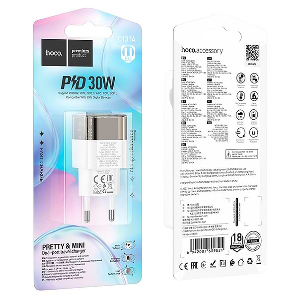 Фото - Сетевое зарядное устройство HOCO C131A PD30W+QC3.0 charger(EU) Transparent black (6942007609821)