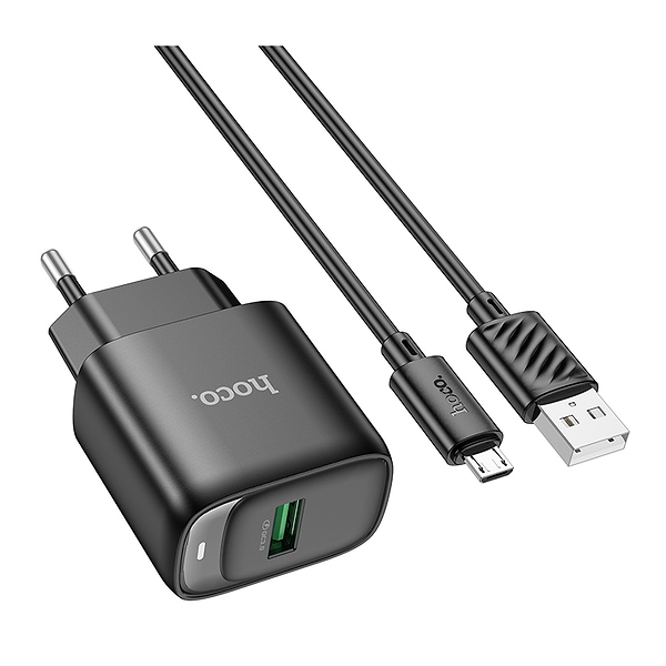 Фото - Сетевое зарядное устройство HOCO C140A Smart single port QC3.0 charger set(Micro)(EU) Black (6942007627801)
