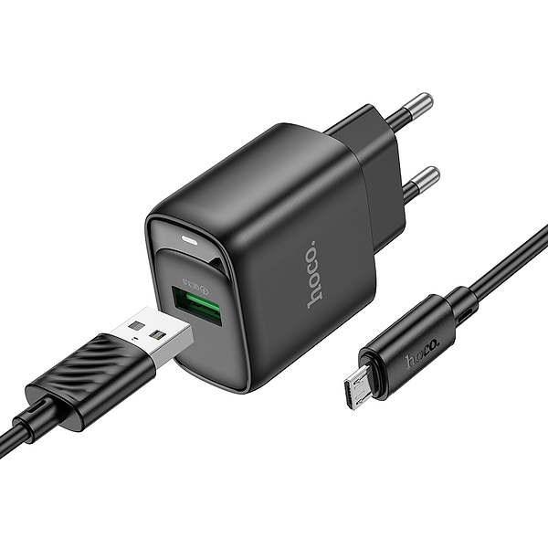 Фото - Сетевое зарядное устройство HOCO C140A Smart single port QC3.0 charger set(Micro)(EU) Black (6942007627801)