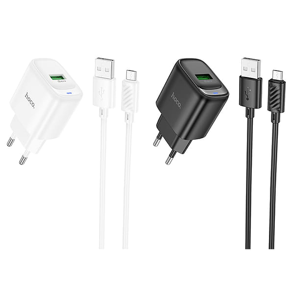 Фото - Сетевое зарядное устройство HOCO C140A Smart single port QC3.0 charger set(Micro)(EU) Black (6942007627801)