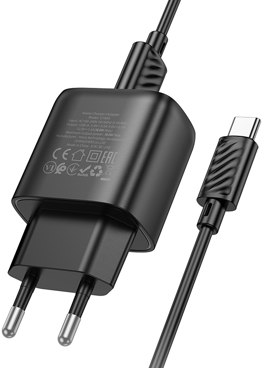 Мережевий зарядний пристрій HOCO C140A Smart single port QC3.0 charger set(Micro)(EU) Black (6942007627801) - Фото 1