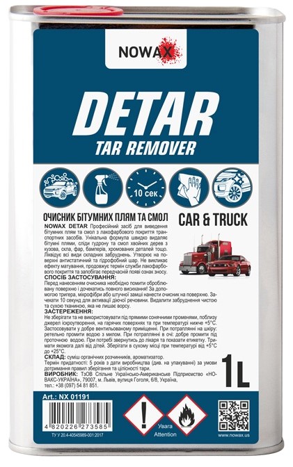 Фото - Очисник для авто NOWAX бітумних плям та смол DETAR TAR REMOVER 1L (NX01191)