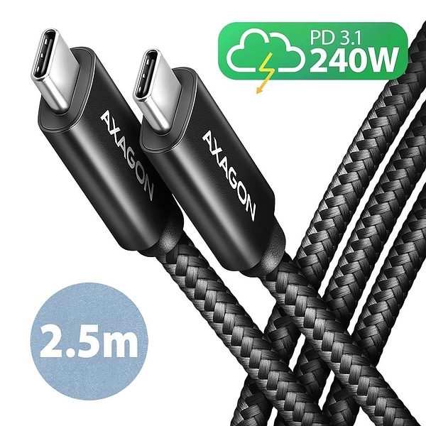 Фото - Кабель синхронизации данных AXAGON USB-C 2.0, 2.5m, PD 240W 5A, Black (BUCM2-CM25AB)