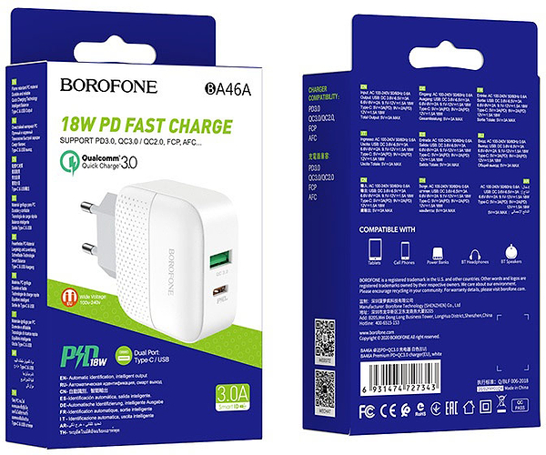 Фото - Мережевий зарядний пристрій BOROFONE BA46A Premium PD + QC3.0 18W White (6931474727343)