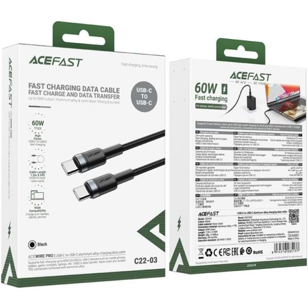 Фото - Кабель синхронизации данных AceFast USB 2.0 Type-C M-M, 1.2 м Black (6974316285137)