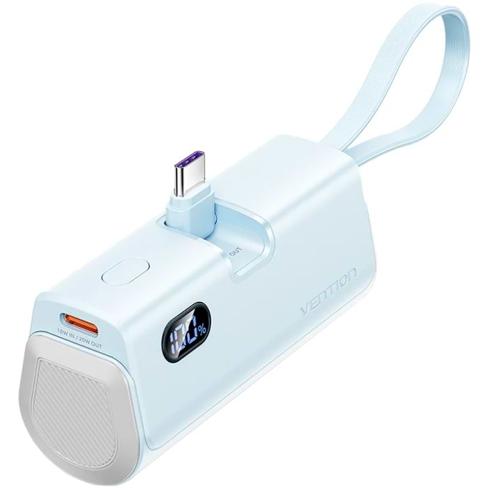 Батарея мобільна Vention 4800mAh 22,5W PD, USB-C In/Out, LED display, with built-in USB-C cable Blue (FHQL0) - Фото 1