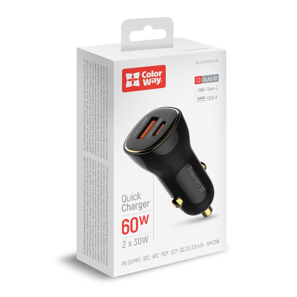 Автомобільний зарядний пристрій Colorway Power Delivery Port PPS USB USB-A + USB-C 60W Black (CW-CHA046PD-BK) - Фото 1