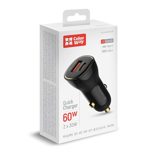 Фото - Уценка - Автомобильное зарядное устройство Colorway Power Delivery Port PPS USB USB-A + USB-C 60W Black (CW-CHA046PD-BK) Фото - Уценка - Автомобильное зарядное устройство Colorway Power Delivery Port PPS USB USB-A + USB-C 60W Black (CW-CHA046PD-BK)