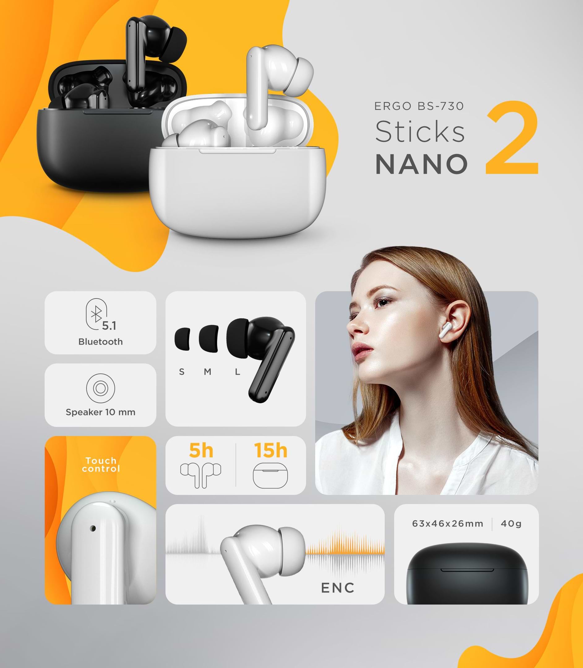 Фото - Наушники вкладыши беспроводные TWS Ergo BS-730 Sticks Nano 2 White