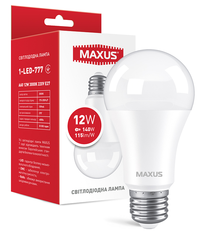 Лампочка светодиодная Maxus A60 12W 3000K 220V E27 (1-LED-777)