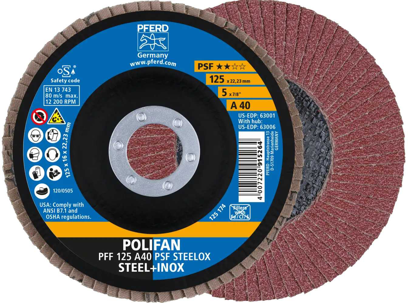 Диск шлифовальный по металлу Pferd 125х22 А40 (4007220512425(10)/400722091526)
