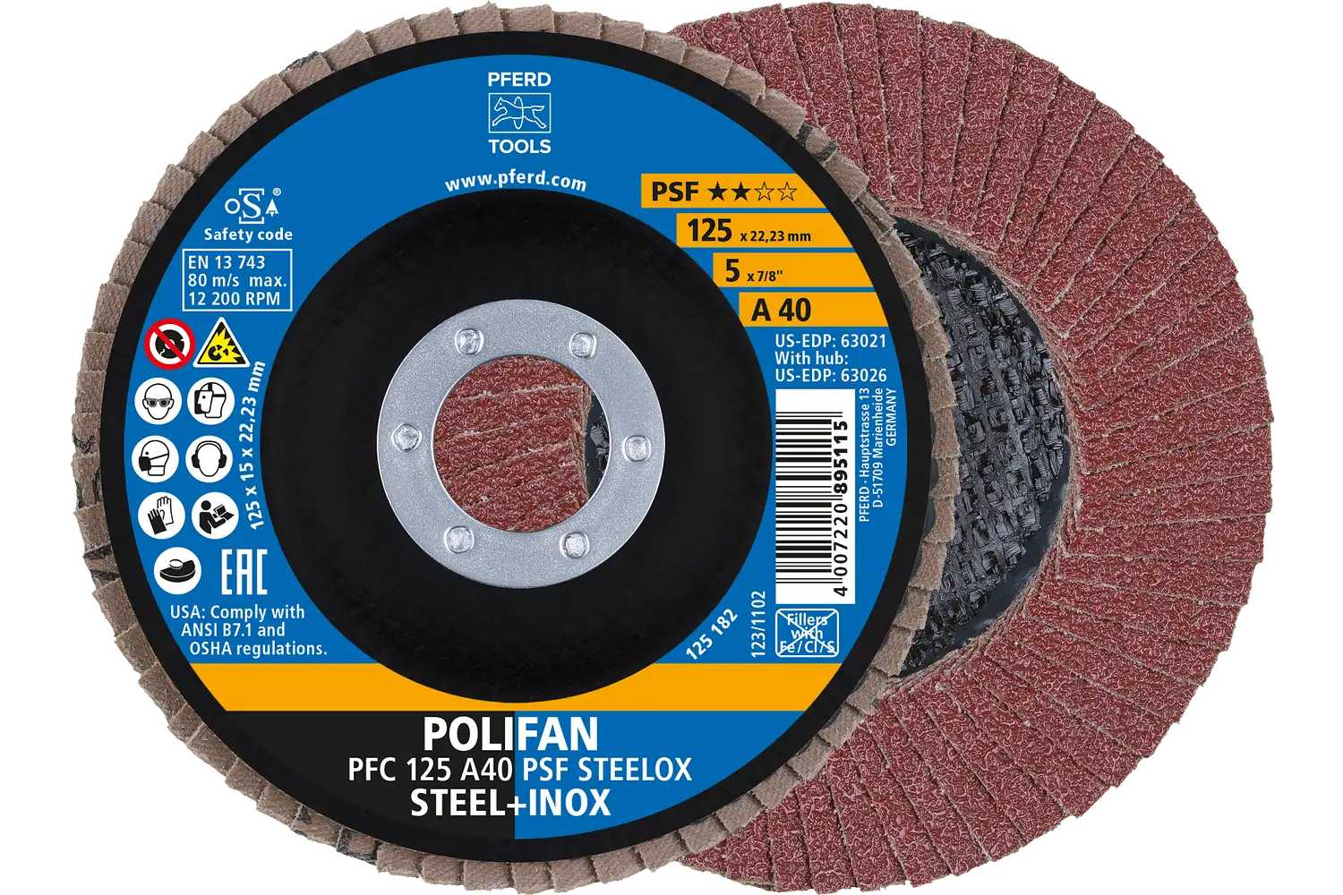 Диск шлифовальный по металлу Pferd 125х22 A40 (4007220444603(10)/400722089511)