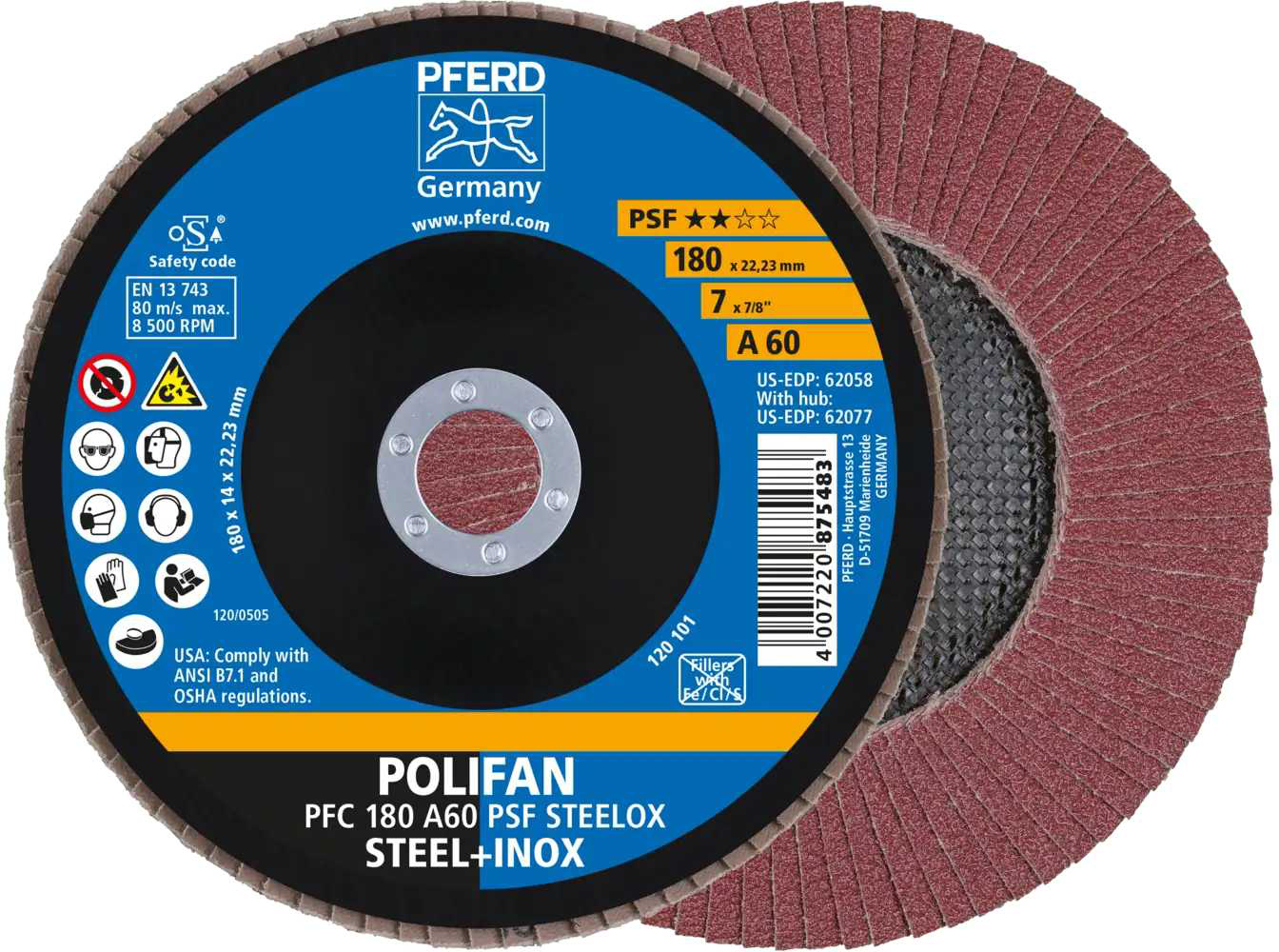 Диск шлифовальный по металлу Pferd 180х22 A60 (4007220444696(10)/400722087548)