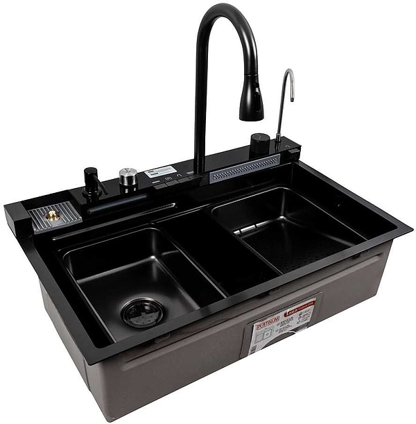 Фото - Мийка кухонна Platinum CM 75x46C PVD чорна Handmade "ВОДОСПАД" (Декор)