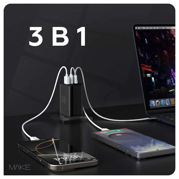 Фото - Мережевий зарядний пристрій MAKE 100W GaN 2xPD + QC3.0 Black (MCW-10031GBK)