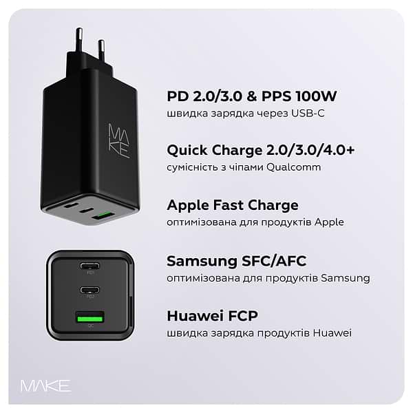 Фото - Мережевий зарядний пристрій MAKE 100W GaN 2xPD + QC3.0 Black (MCW-10031GBK)