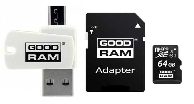 Карта пам'яті Goodram microSDHC 64GB Class 10 UHS I Retail + Adapter + CardReader (M1A4-0640R12) - Фото 1