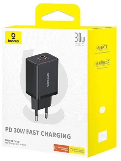 Фото - Мережевий зарядний пристрій Baseus Cube Fast Charger C+U 30W EU Cluster Black (P10111404113-00)