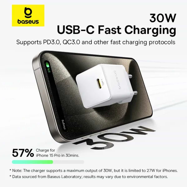 Фото - Сетевое зарядное устройство Baseus Palm Fast Charger 1C 30W EU Moon White (P10111605213-01)