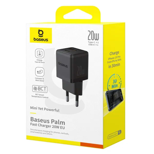 Фото - Мережевий зарядний пристрій Baseus Palm Fast Charger C+U 20W EU Cluster Black (P10111608113-00)