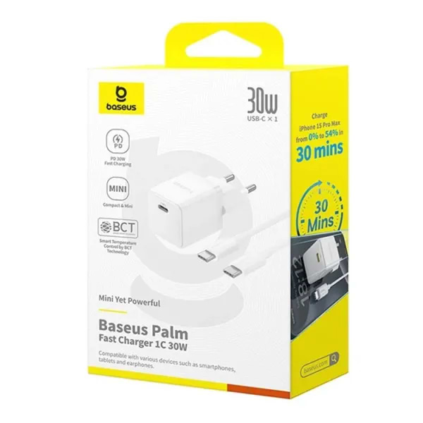 Фото - Сетевое зарядное устройство Baseus Palm Fast Charger 1C 30W EU Moon White (P10111605213-01)