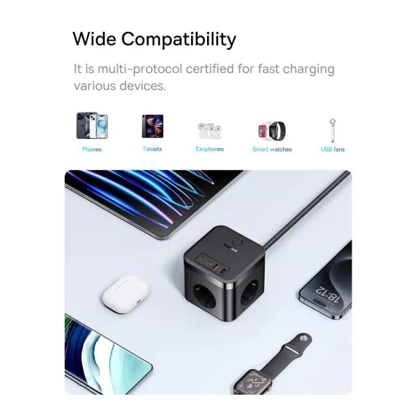 Фото - Мережевий фільтр Baseus Power Strip 3AC+2U+2C 30W 1,5m EU Cluster Black (E00066400117-00)