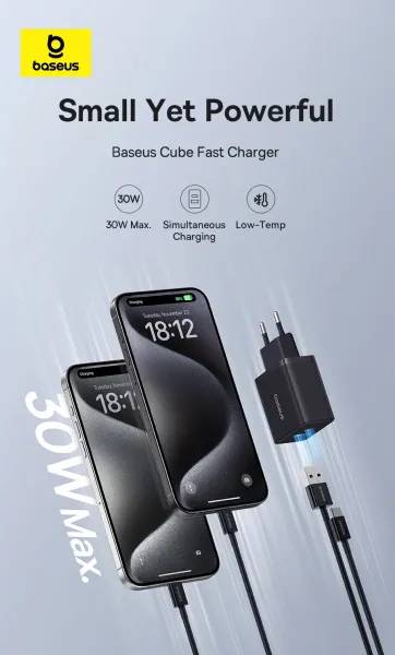 Фото - Мережевий зарядний пристрій Baseus Cube Fast Charger C+U 30W EU Cluster Black (P10111404113-00)