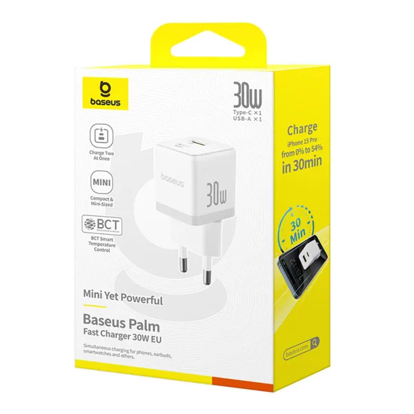Фото - Сетевое зарядное устройство Baseus Palm Fast Charger Type-C+USB 30W white (P1011160A213-00)