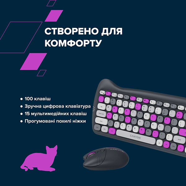 Фото - Клавіатура + миша бездротова Canyon HSET-W6 Kitty Edition Violet (CNS-HSETW6VT)